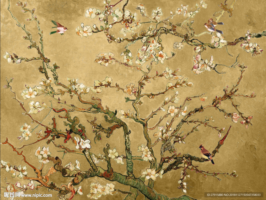 中式古典抽象花鸟背景墙