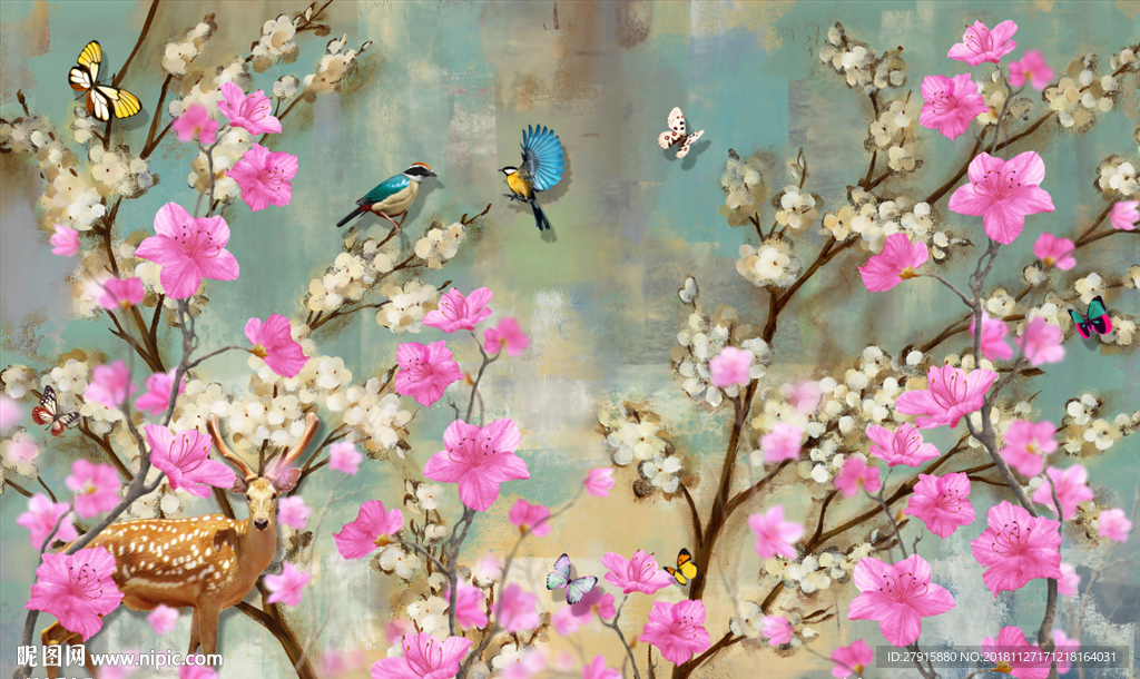 抽象手绘花鸟梅花鹿背景墙