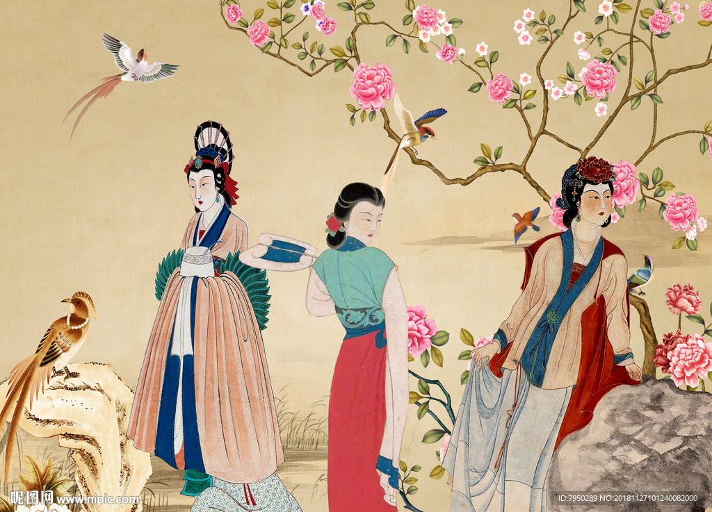 新中式古典仕女背景墙