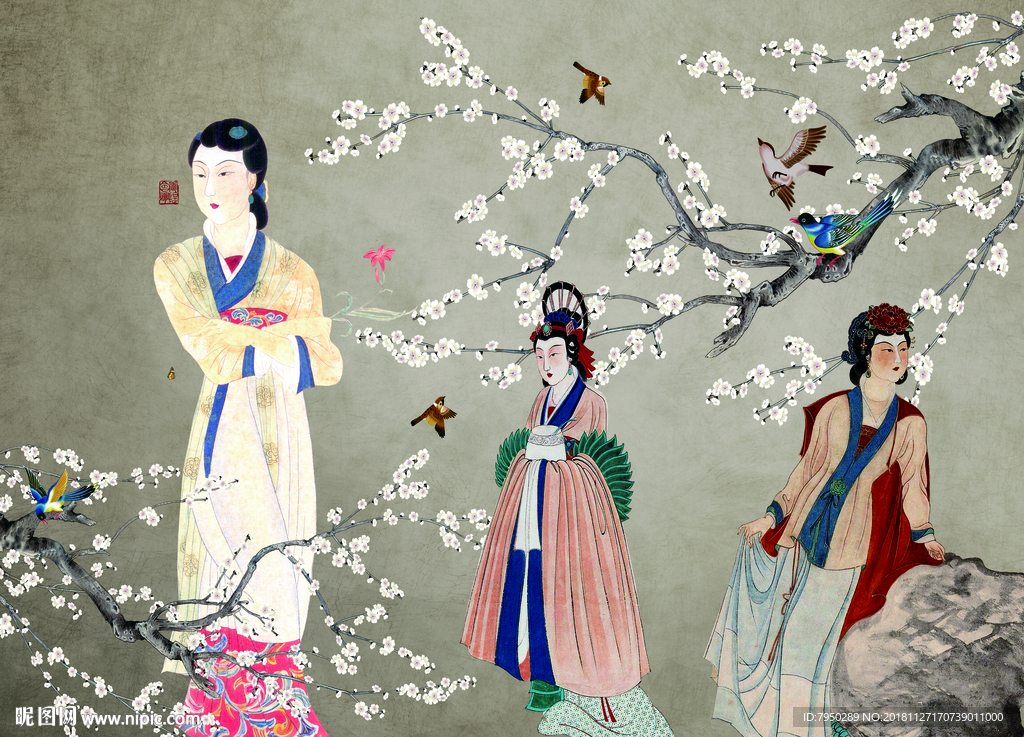 新中式古典仕女背景墙