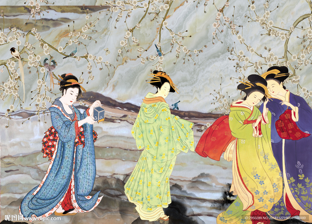 新中式古典仕女背景墙