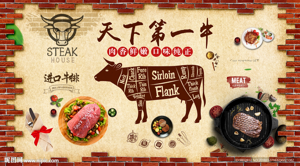 复古怀旧牛排餐饮背景墙