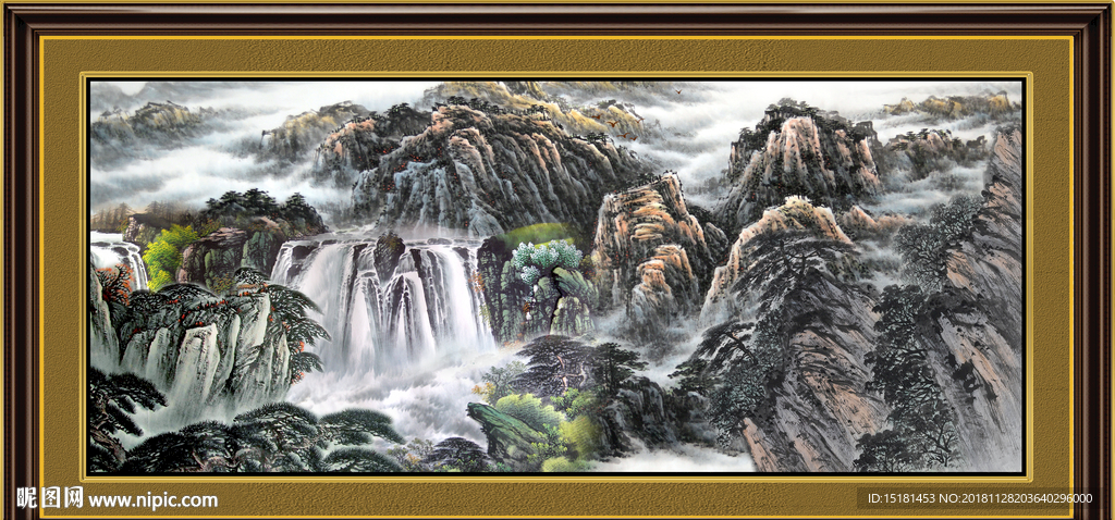 巨幅山水画 流水生财 山水瀑布