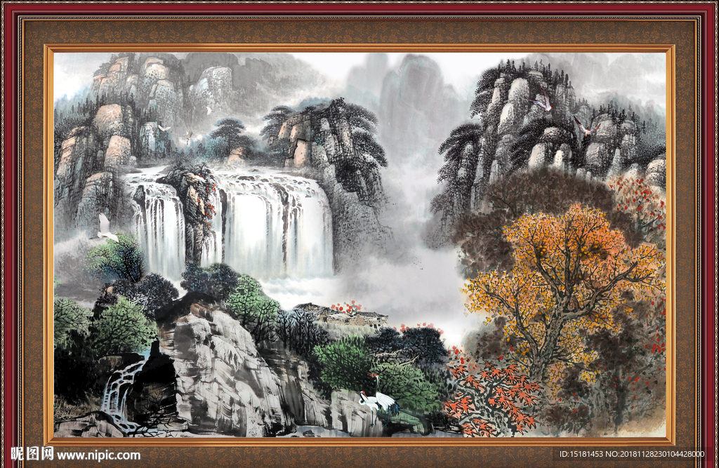 巨幅山水画 流水生财 山水瀑布