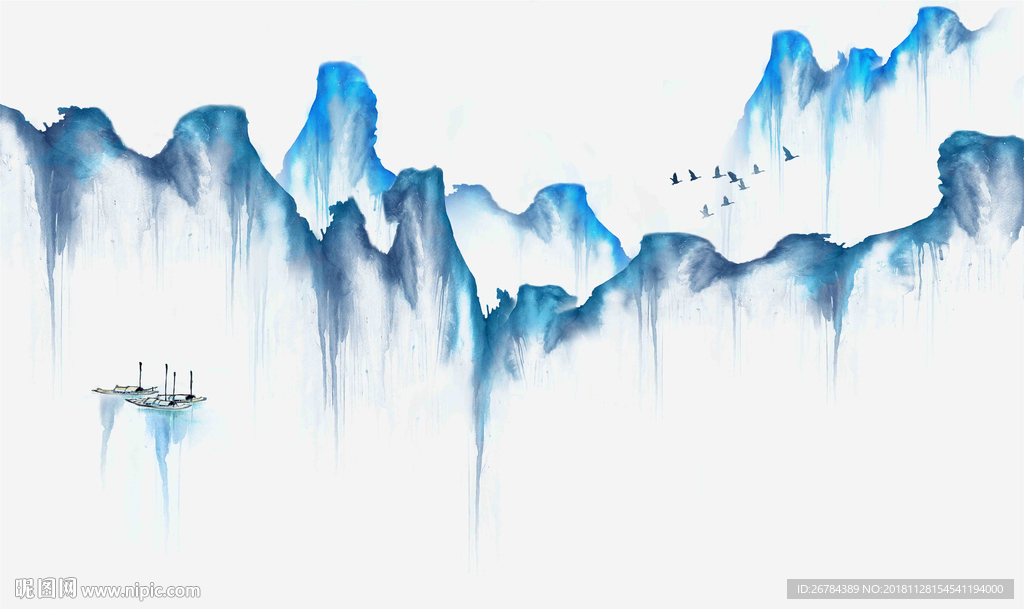 蓝色水墨山水图