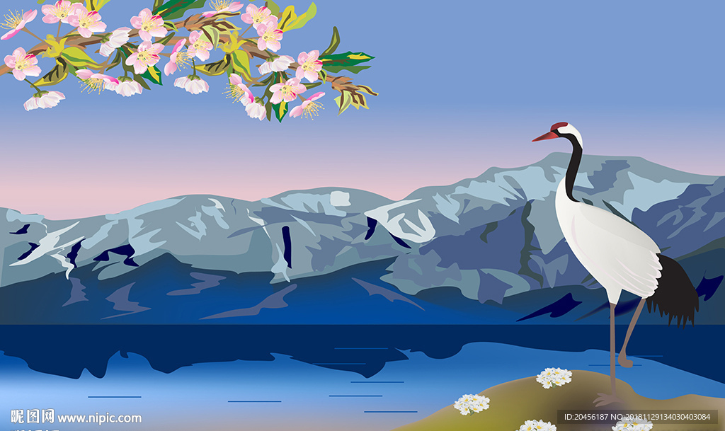 手绘水墨山水仙鹤图片