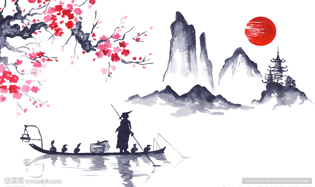 中式水墨梅花山水图片