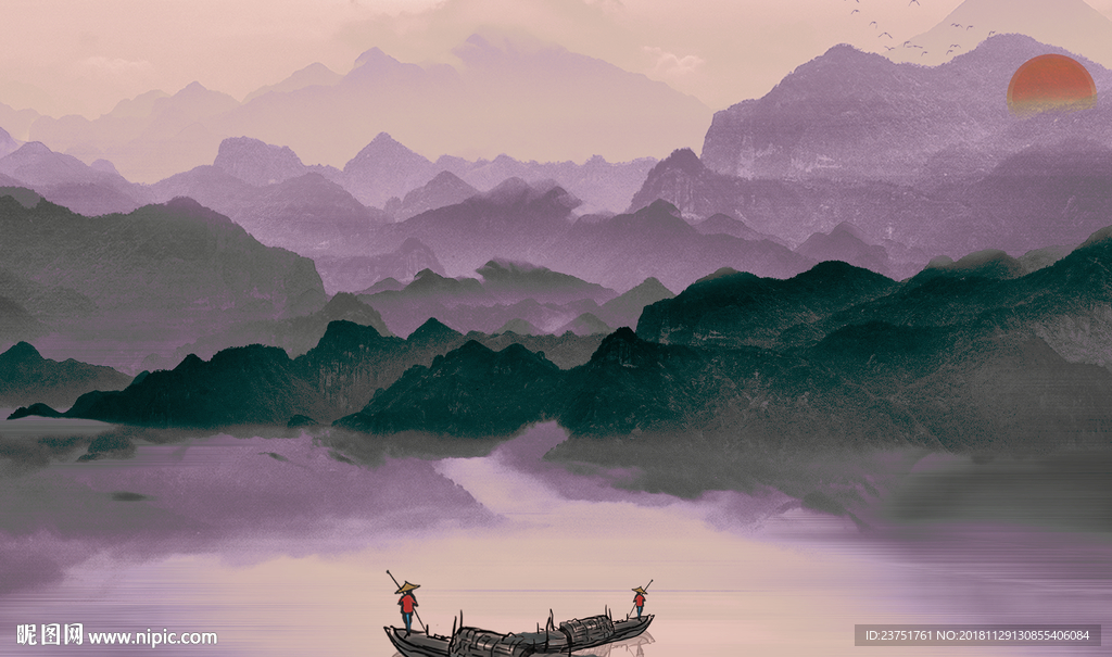 简约蓝色山水背景墙