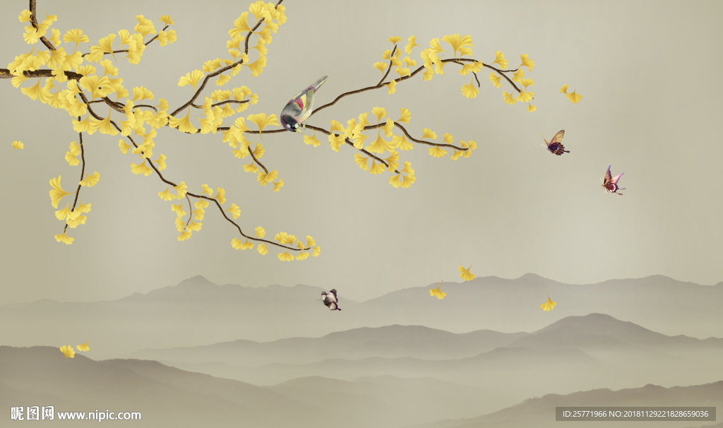 大型银杏花鸟壁纸背景墙