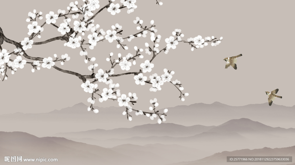 大型禅意梅花花鸟背景墙壁画