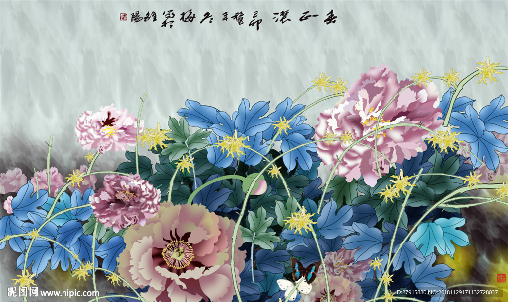 中式抽象手绘花朵蝴蝶背景墙