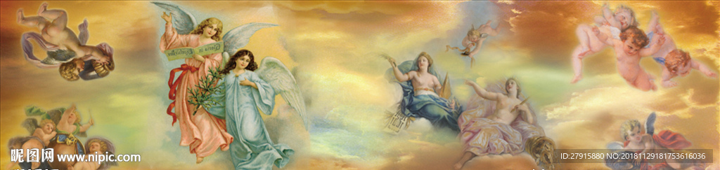 欧式吊顶玄关油画天使背景墙