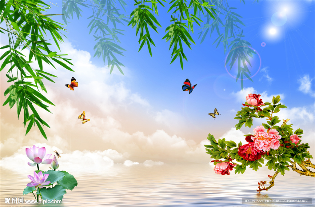 蓝天白云竹叶荷花背景墙