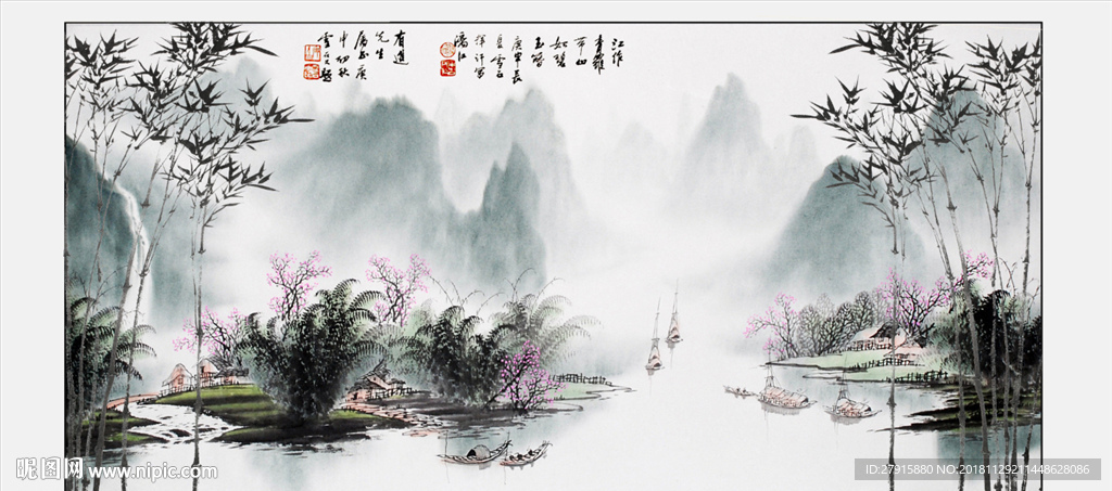 中式水墨桂林山水背景墙