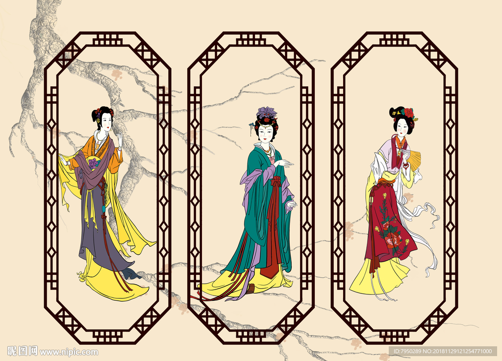 新中式古典仕女背景墙
