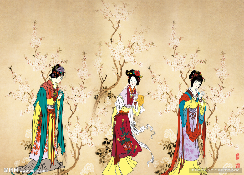 新中式古典仕女背景墙