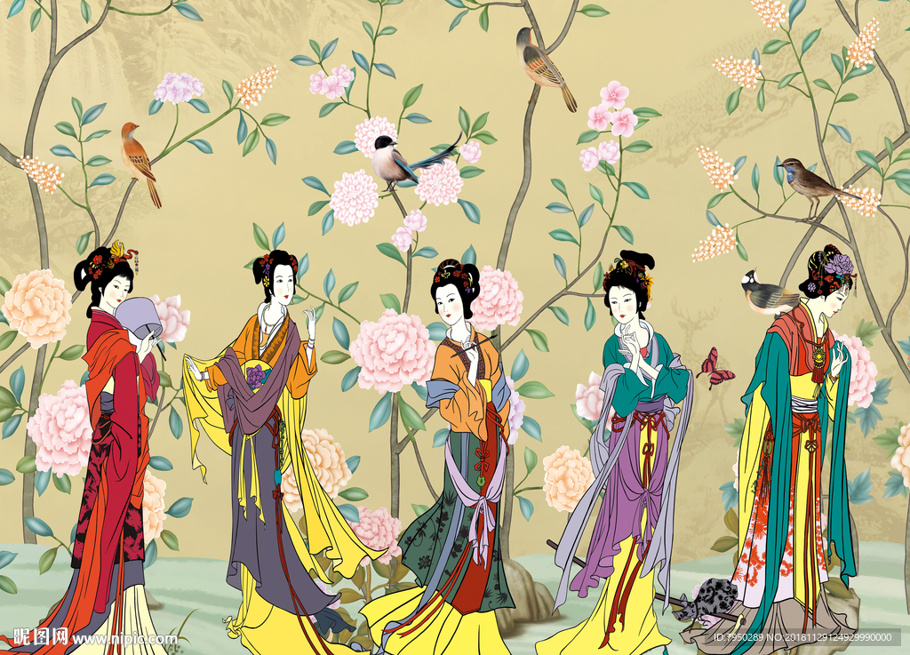 新中式古典仕女背景墙