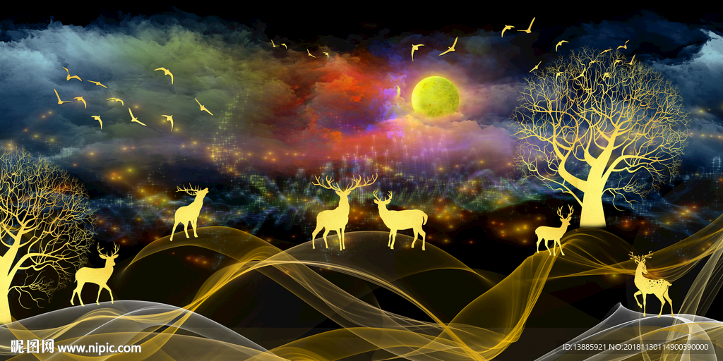 发财树麋鹿晶瓷画