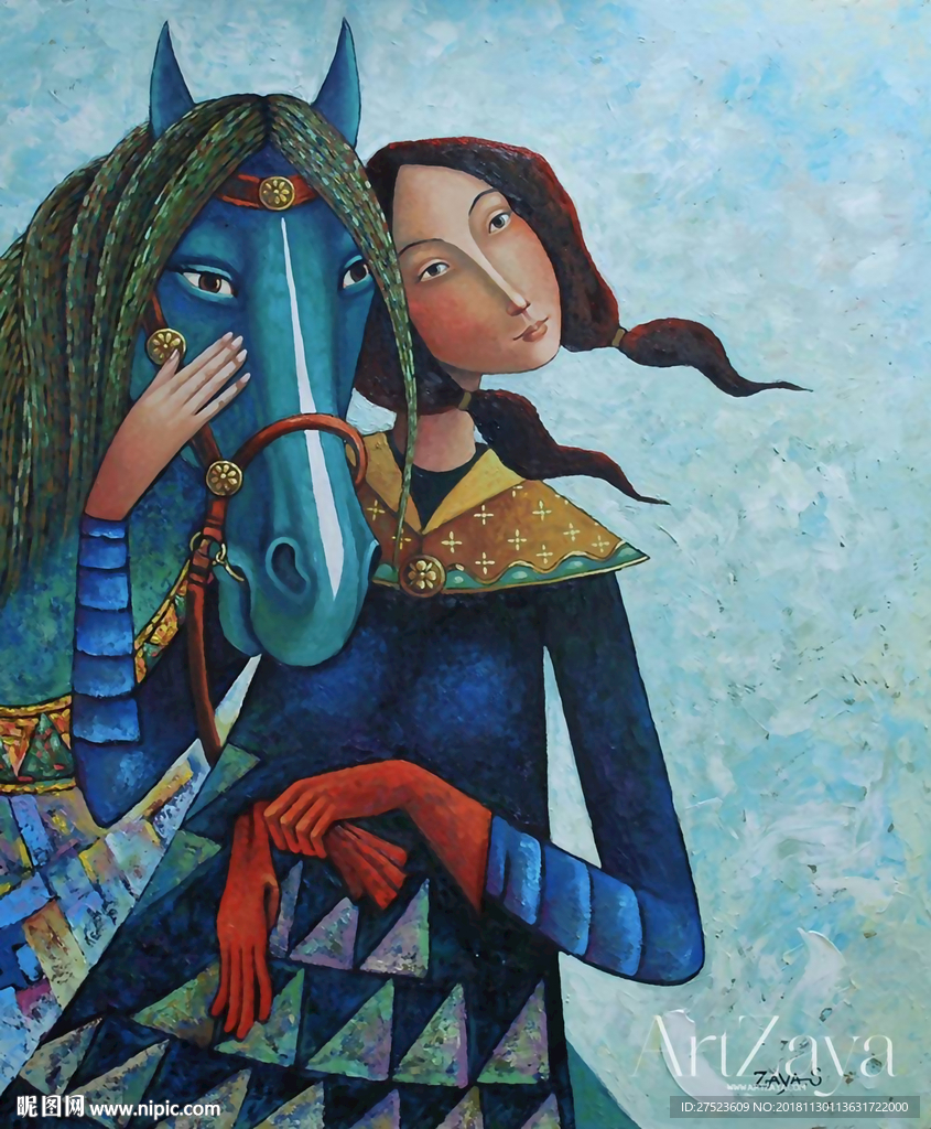手绘蒙古女人与马