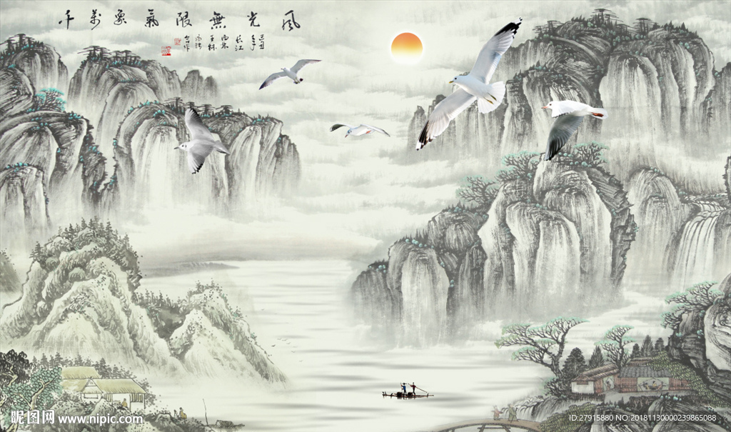 中式山水风光无限背景墙