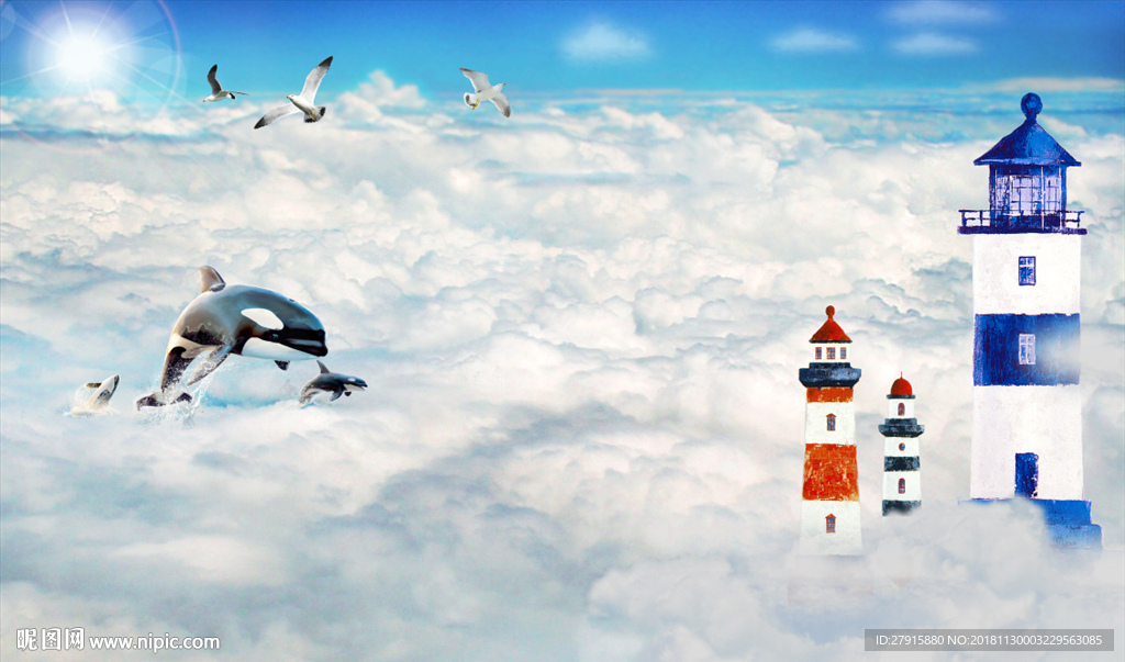 蓝天白云海豚灯塔背景墙