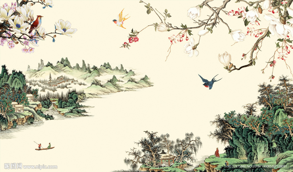 中式山水玉兰花鸟电视背景墙
