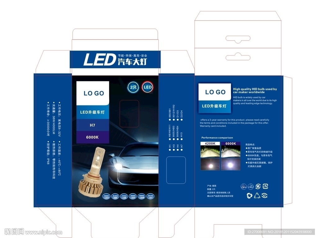 汽车LED灯包装展开图