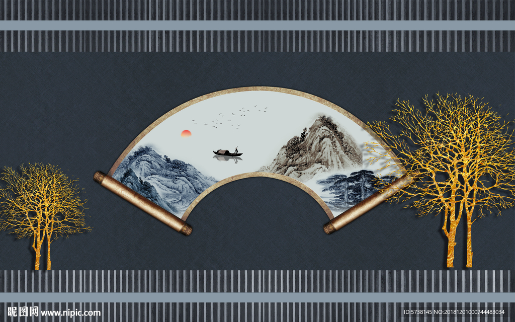 中式扇子玄关屏风背景底纹素材艺
