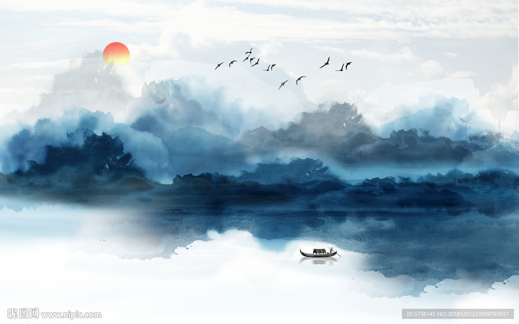 新中式蓝色玄关屏风背景底纹素材