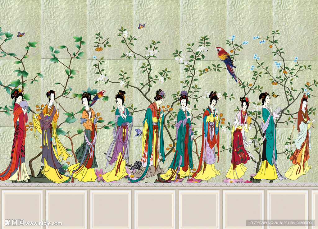新中式古典仕女背景墙