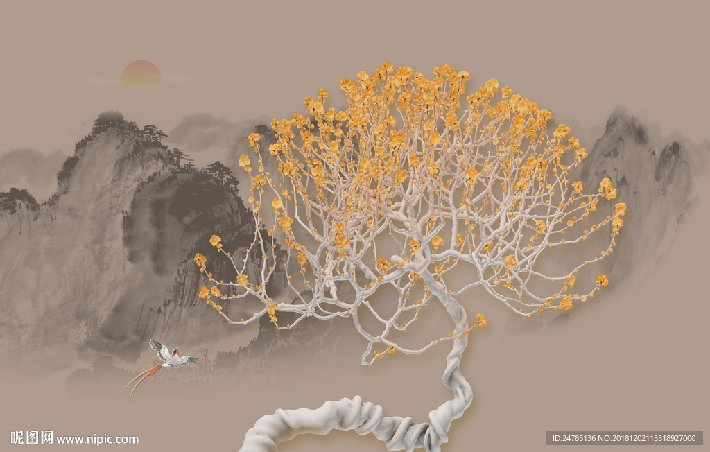 新中式花鸟山水画