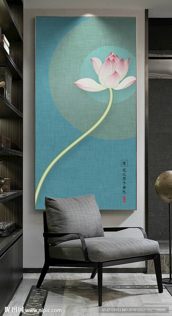 新中式禅意荷花工笔花鸟玄关背景
