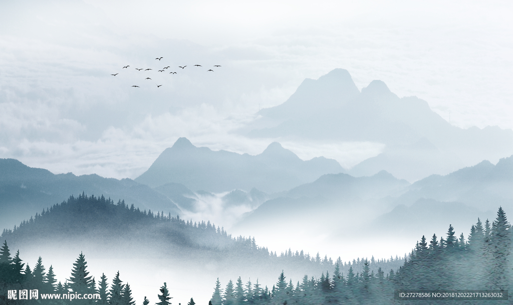 山水画  大山水树林 朦胧山水