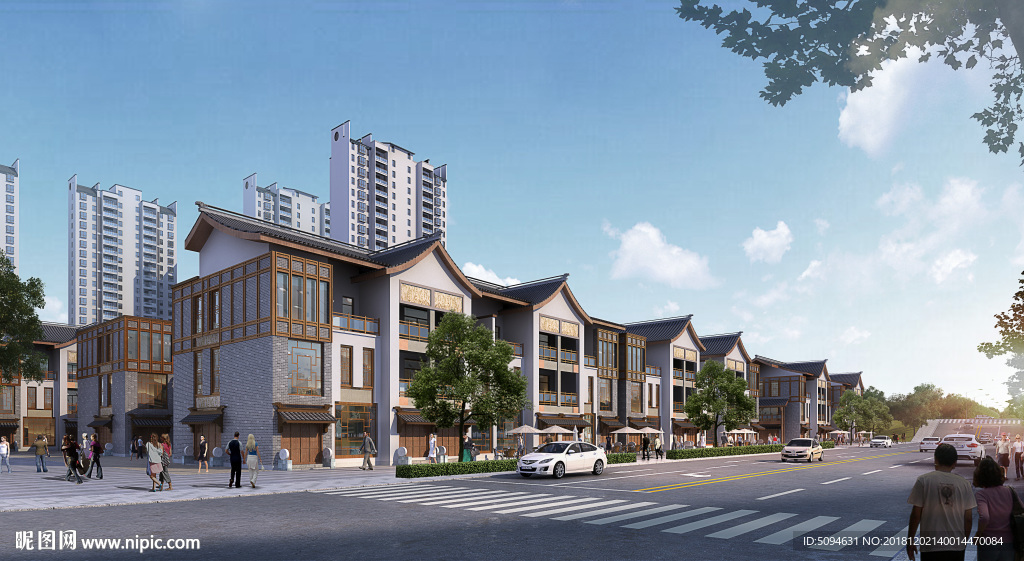 仿古商业建筑外立面远景效果图