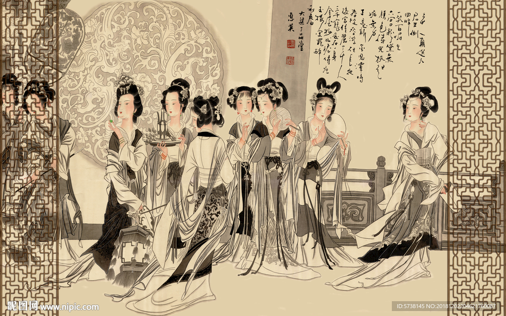仕女图中式画玄关屏风背景底纹素