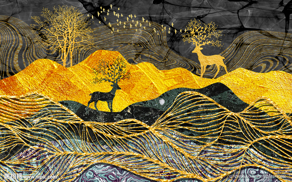 线条富贵麋鹿玄关屏风背景底纹素