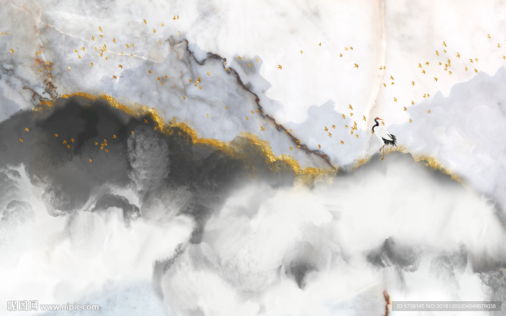 大理石山水创意金箔飞鸟新中式创