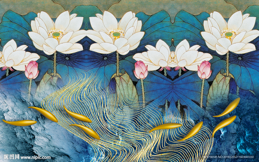 荷花油画玄关屏风背景底纹素材艺