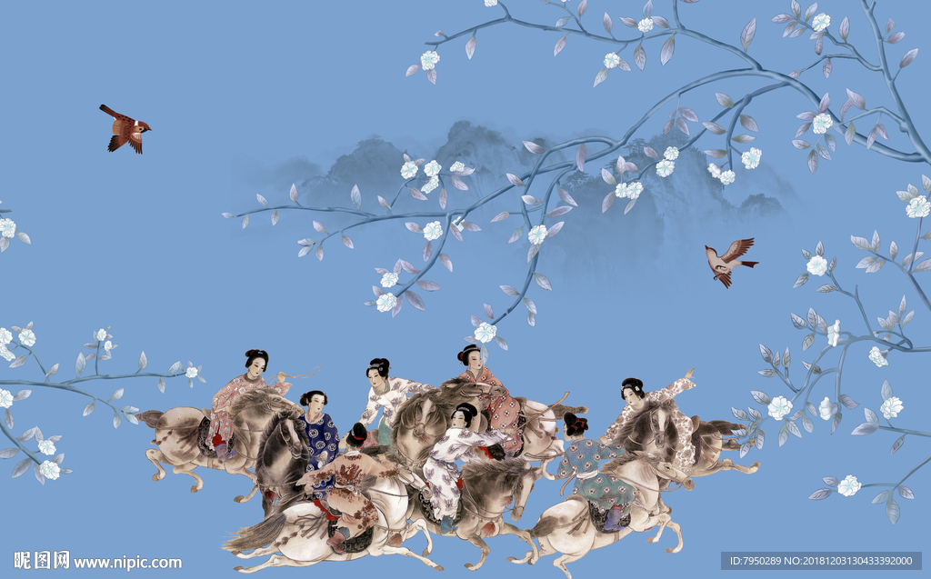 新中式古典仕女背景墙