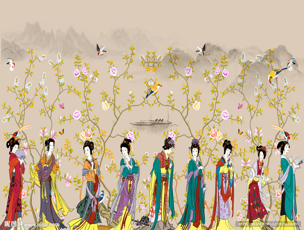 新中式古典仕女背景墙