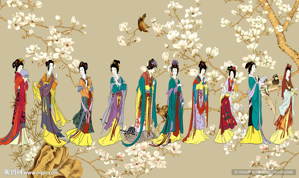 新中式古典仕女背景墙