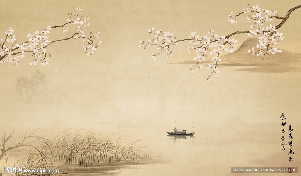 复古手绘玉兰花鸟