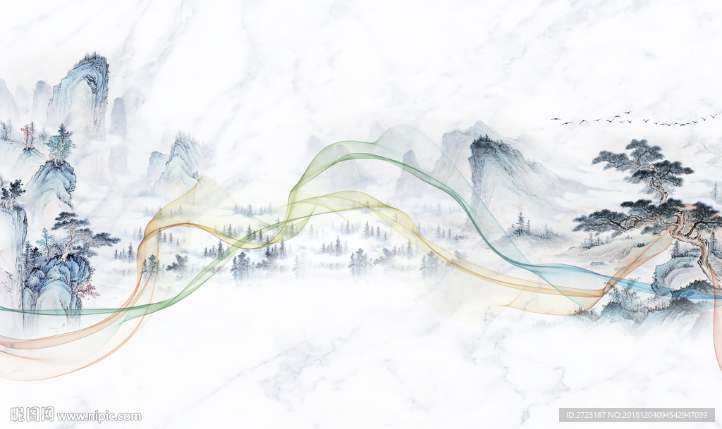 山水云间美丽素描风景简约壁画