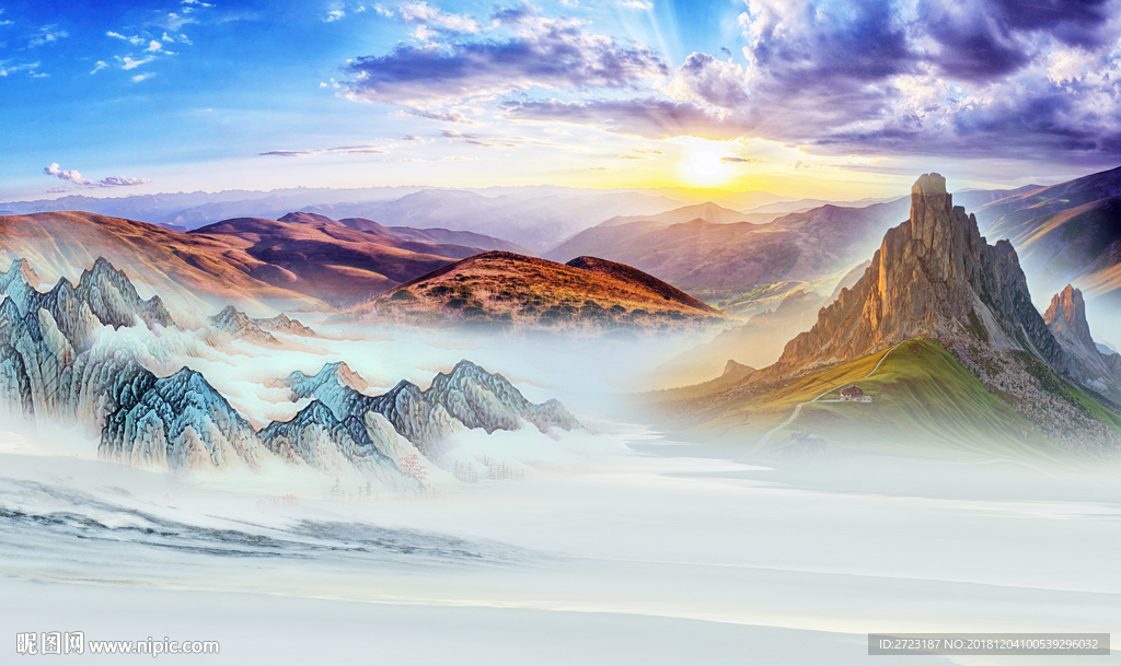 蓝紫色山川山水风景蓝天壁画背景
