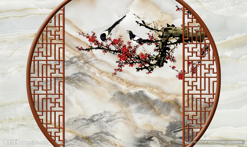 门框造型圆形扇形梅花水墨壁画