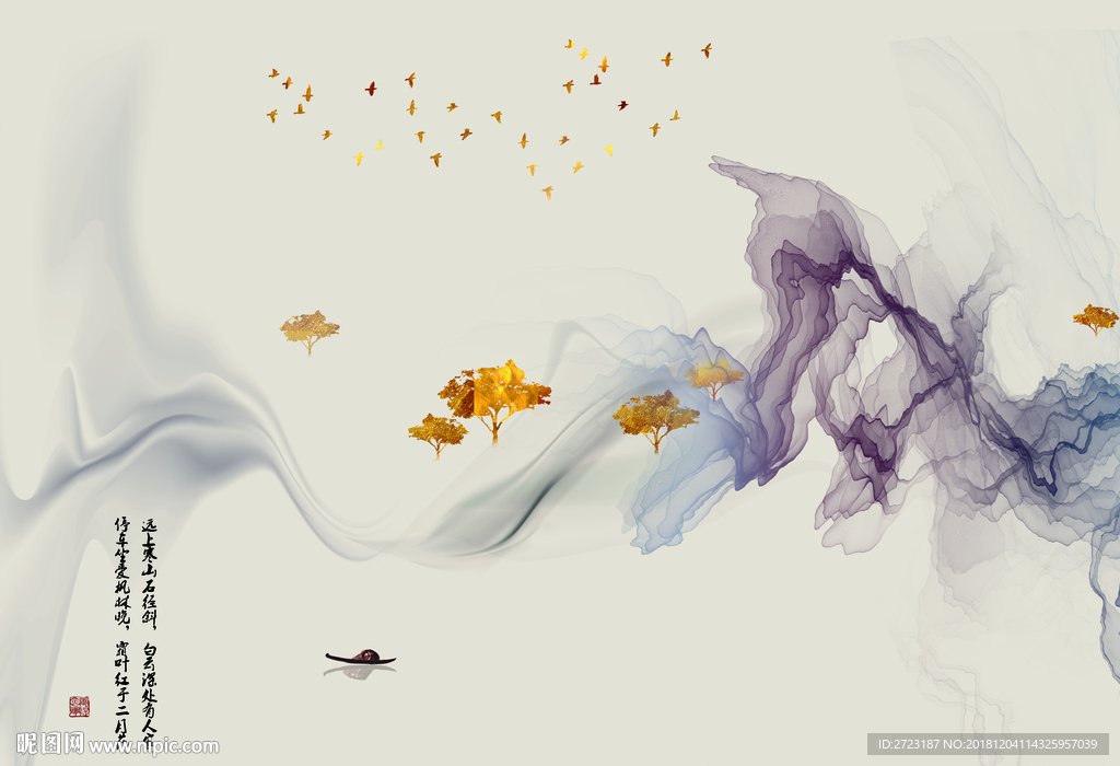 唯美金色小树浅色线条梦幻壁画