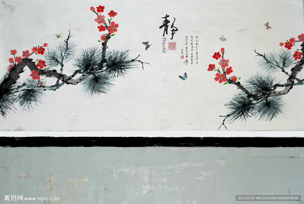意境树枝条花枝仿古做旧壁画背景