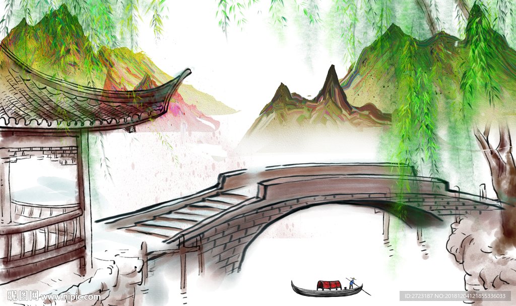 抽象水墨画山峰山川壁画背景墙