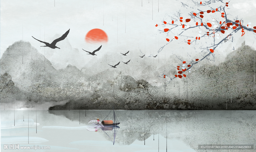 湖泊山峰意境风景壁画背景墙