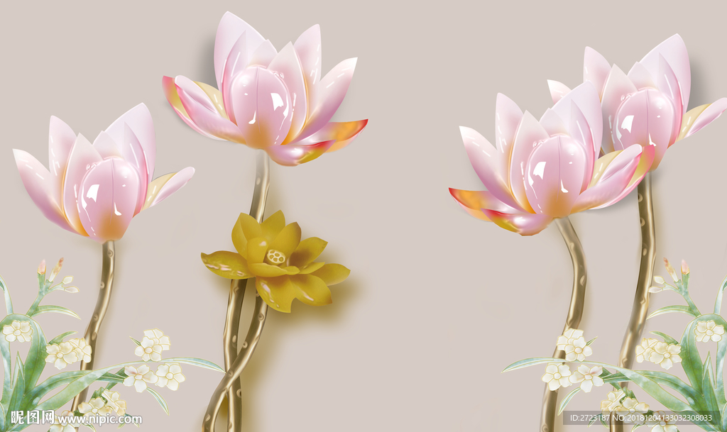 清新玉雕花花朵绽放壁画背景墙